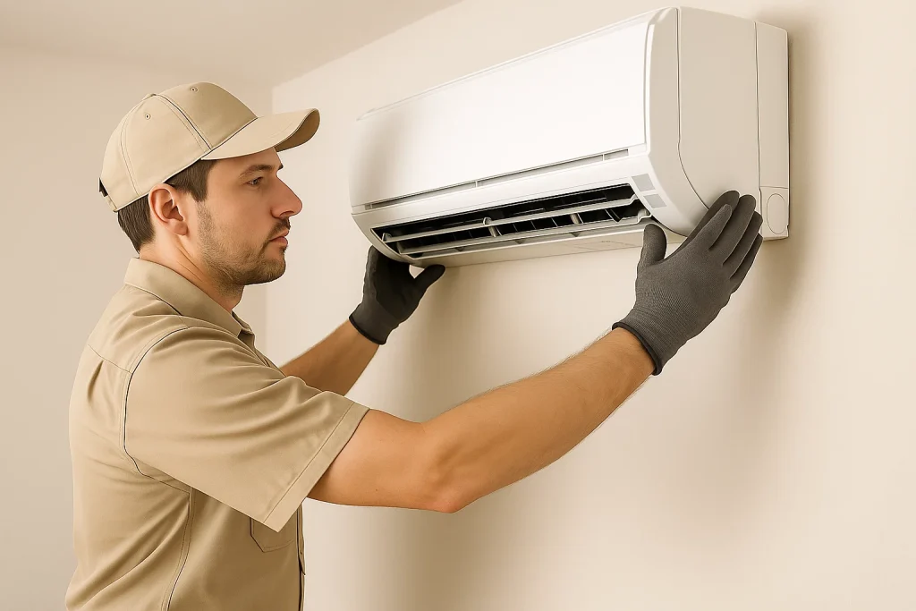 Technician installs ductless mini split indoor unit.