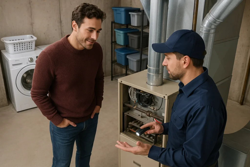 Ontario homeowner talking with HVAC technician about furnace settings