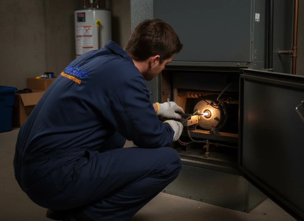 An HVAC technician servicing the pilot light of a furnace.